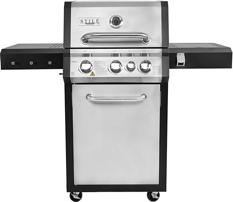 Stilé Barbecue PRAGA a Gas Professionale con 3 Fuochi Più Bruciatore Laterale Con Griglie In Ghisa Vaschetta Recuperatore Grasso Termometro Integrato Ruote E Struttura In Acciaio Inox (3 FUOCHI)
