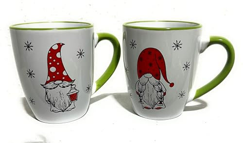 Weihnachtstassen mit Wichtel-Motiv, 2 Stück, weiß mit grünen Griffen, Kaffee-tasse, Tasse für Weihnachten