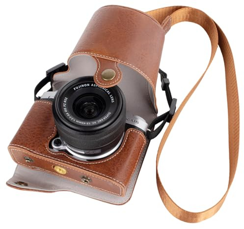 VOVMOEYA Schützende Kameratasche für spiegellose Fujifilm XM5-Kamera, Fuji X-M5-Kameratasche, Fuji XM5-Halbtasche mit Frontabdeckung, mit Schultergurt, vollständiger Schutz, Druckknopf, Kaffee