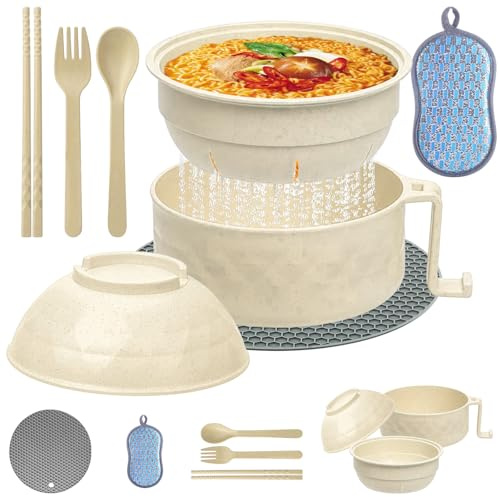 TZQFROCE Ensemble bol à ramen micro-ondes avec couvercle - Bol à nouilles instantanées avec baguettes - Bol à soupe, pâtes, salades (Beige)