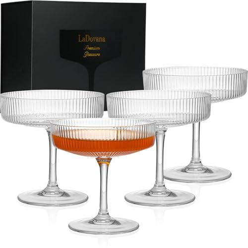 LaDovana Coupe Glasses | Set of 4 | 7oz Premium Crystal Cocktail Glassware for Champagne, Martini, Cosmopolitan & More | Elegant Stemmed Glasses in Gift Box