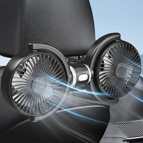 MeYuxg Ventilador para Coche de Doble Cabezal, Ventilador Coche USB portátil para Asiento Trasero, 3 Velocidades Ajustables, Rotación de 360° para niños, mascotas, todoterrenos