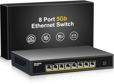 8 Port 5G Ethernet Switch Unmanaged,with 8X 5Gb Base-T Ports, NICGIGA 5Gbps Network Switch Easy for 5G NAS,PC,WiFi7 Router,5G Adapter/NIC. Desktop or 19-inch Rack Mount, Plug and Play.