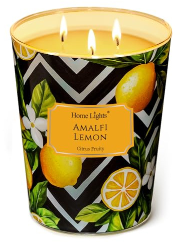 Home Lights Duftkerzen im glas groß 960g Soja Kerzen 3-Wick, Rauchfrei, 130h vollverbrannte Duftkerze Amalfi-Zitrone
