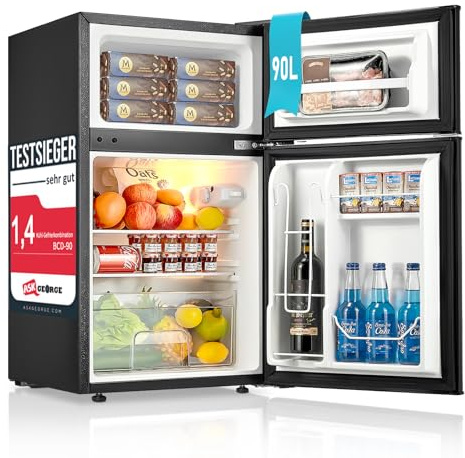 FOHERE Mini Kühlschrank mit Gefrierfach Klein 90L, 26 L Gefrierfach | 64 L Kühlschrank für Schlafzimmer, 7-Stufen Thermostat, Energieeffizien, 43 dB mit 2 Wechselbare Tür, für Wohnheime, Wohnungen