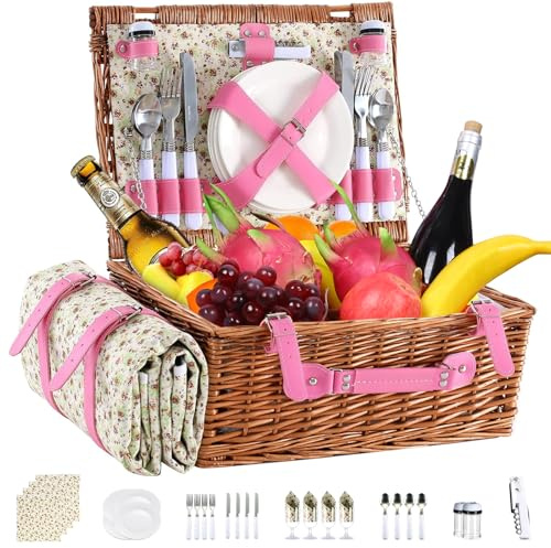 Neti Neti Wicker Picnic Basket for 4 with Insulated Cooler & Waterproof Blanket – Large Willow Picnic Hamper for Outdoor, Camping, Beach, Romantic Dates, Valentine’s Day