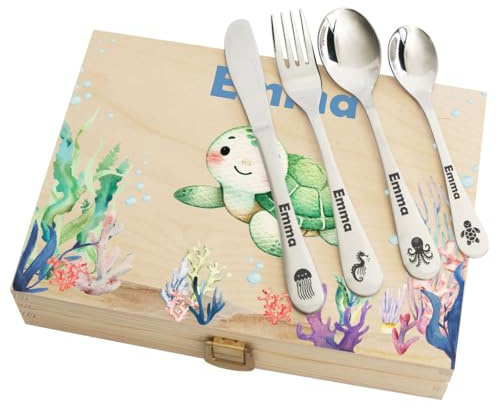 Cubiertos infantiles personalizados con estuche opcional impreso - Motivo Océano - Regalo nacimiento, cumpleaños, bautizo