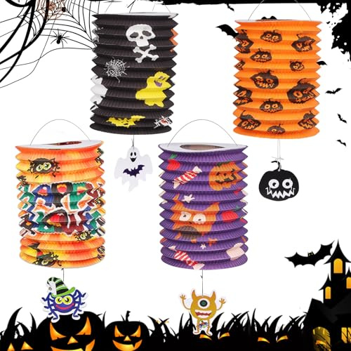 Papier Laterne Bastelset 4 Kinderlaternen für Umzug Halloween Lampion Kinder Drachen Selber Basteln Set Herbstdeko Spirallaterne Papierlaternen Bunt Partyzubehör St. Martin Weihnachten Laternenumzug