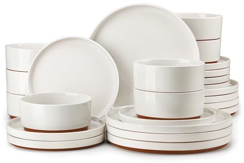 MALACASA Plates and Bowls Set, 24 Piece Elegant Raised Edge Dinner Sets for 8 People, Scratch Resistant Dinnerware Sets Crockery Set, Mircowave Dishwasher Safe Dishes Set, White, Leah Series