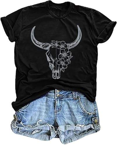 tiorhooe Cowgirl T Shirts for Women UK Bull Skull Short Sleeve Tee Shirts | Howdy Bull Skull Shirt, Western Country Style, Bold Graphic, Soft Breathable, Flattering Fit, Great For Summer, Rodeo Wear