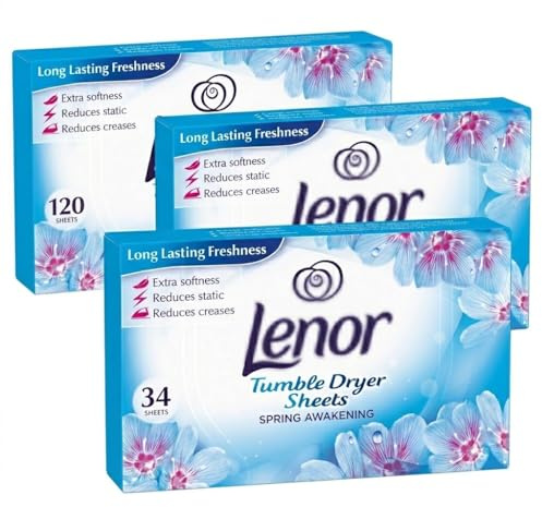 Lenor 3 Pack Fabric Conditioner Dryer Sheets Spring Awakening 34 Sheets Each | Long-Lasting Fresh Floral Scent | Reduces Static Cling | Softens Fabrics | Tumble Dryer Freshness Booster