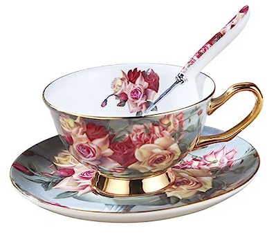 Gatuida Set Tazza da Caffè Decorativa con Piattino in Ceramica e Cucchiaino, Tazza da Tè Pomeridiano in Ceramica con Bordo Dorato, per Uso Domestico, Bar e Ristoranti, Completo