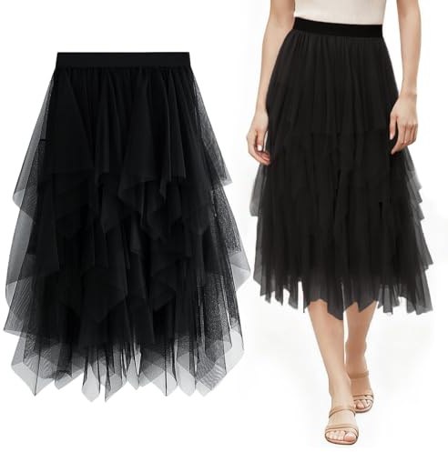 Keyck Jupe Tulle Femme, Midi Longue Jupes Asymétrique en Couche Élégante, Taille Elastique Maille Jupon Plissée Jupes Tutu en Tulle pour Femme pour Daily Carnaval Halloween Prom Party, Noir