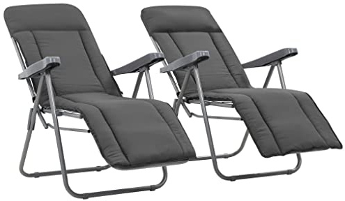 Runheo Fällbara trädgårdsstolar med kuddar, 2 st, grå, justerbara relaxstolar för balkong och terrass, robust stålram, bekväm utomhus-sittplats