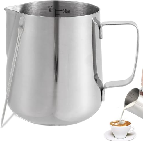 QINGLANG Milk Frothing Pitcher 350ml/12oz, Stainless Steel Milk Pitcher Coffee Frother Jug with Measurement Mark & Latte Art Pen, Dripless Spout Barista Steaming Jug for Espresso, Latte, Cappuccino