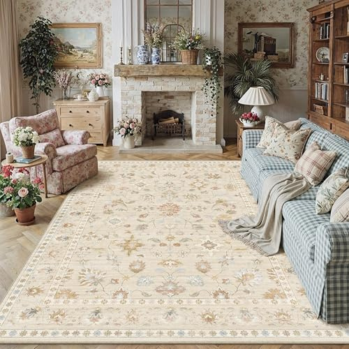 PureCozy Alfombra para sala de estar, lavable, estampado floral, de pelo bajo, antideslizante, suave, boho, floral, vintage, grande, para comedor, dormitorio, sala de estar, 200 x 300 cm, beige claro