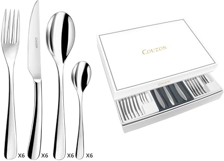 COUZON - Ménagère 24 couverts de table en coffret pour 6 personnes - Haikou - Acier inoxydable 18/10, Finition Miroir, Epaisseur 3.5 mm - Inox