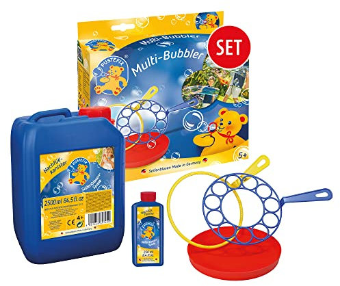 PUSTEFIX Multi-Bubbler + Nachfüllkanister 2,5 Liter I Bunte Bubbles Made in Germany I Seifenblasen Spielzeug für Hochzeit, Kindergeburtstag, Polterabend I Große Seifenblasen für Kinder & Erwachsene