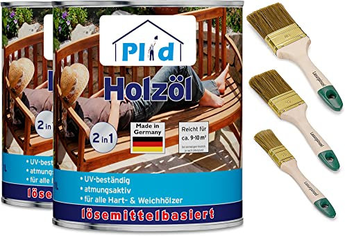 Plid® Holzöl Pflegeöl Holzschutz Imprägnieröl Gartenmöbel Teakholzöl Holzlasur Holzschutzöl Holzpflegeöl Holz Öl Außen zum Holzschutz für alle Hart- und Weichhölzer Douglasie 2l - Pinselset