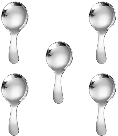 5PCS Short Handle Spoon, Stainless Steel Mini Spoons Thickened Small Round Spoon For Salt Condiments Dessert Tea Coffee (Silver)