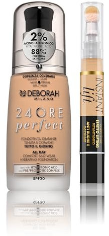 Deborah Milano Make-up-Set, flüssiges Make-up, 24 Stunden Perfect, SPF 20, Nr. 3 Caramel Beige, mit Hyaluronsäure, 30 ml und Concealer Instant Lift, Nr. 3.1 Nude, aufhellender und Anti-Falten-Effekt,