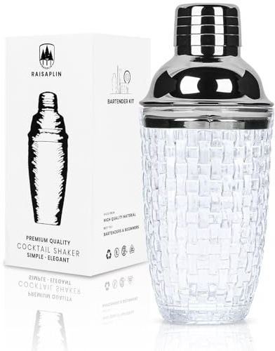 Glass Cocktail Shaker Set with Built-in Strainer - 13 Ounces Martini & Margarita Mixer Bartender Tools for Whiskey, Coffee, Beverages, Durable Crystal Clear Shaker Cup for Home Bar, Party & Gifts