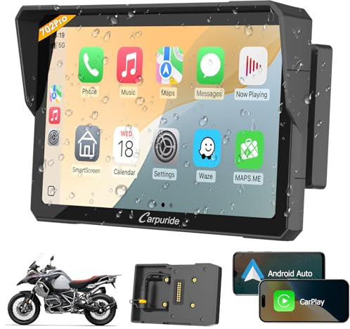 Carpuride W702B PRO Motorcycle Carplay Screen for BMW R1200GS R1250GS S1000XR Motorcycle, 7 inch Waterproof Touchscreen, Portable Carplay/Android Auto GPS Navigation for Motorbike, Dual Bluetooth