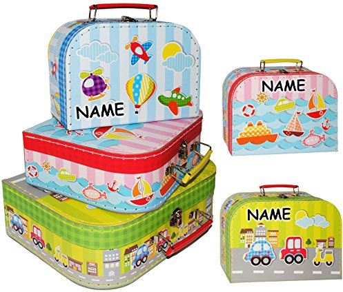 alles-meine.de GmbH 3 Stück Koffer/Kinderkoffer - MITTEL - Fahrzeuge - Flugzeug/Schiff/Auto - incl. Name - 25 cm - ideal für Spielzeug und als Geldgeschenk - Mädchen ..