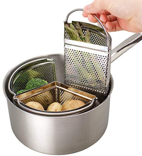 Family Saucepan Triple Pan Divider Separator Set - Saves Cooking Space & Energy. Three Part 18cm Stainless Steel Strainer. Vegetables, Potatoes, Boiled Eggs. Pan Not Included. Caravan Accessory