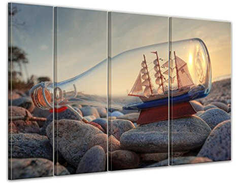 Keilrahmenbild Buddelschiff - Schiff in der Flasche IV - 180x120 cm quer mehrteilig Keilrahmenbilder Bilder als Leinwanddruck Fotoleinwand Landschaften Küste - Dreimaster im Sonnenuntergang