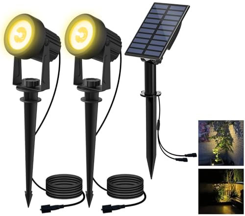 T-SUN Faretti Solari Esterno, 2-IN-1 Bianchi Caldi 3000K Lampade Solari da Giardino, 2 Livelli di Luminosità, Impermeabili IP65, Luci a Energia Solare per Piscina, Cortile, Vialetto, Patio, Alberi.