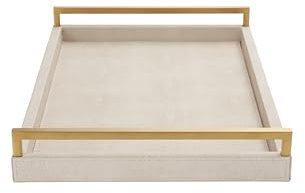 WV Shagreen Serviertablett aus Leder mit goldfarbenen Griffen, 45 x 30 cm, großes dekoratives Ottoman-Tablett aus Holz, für Couchtisch, Küche, Esszimmer und Heimdekoration (Elfenbein)