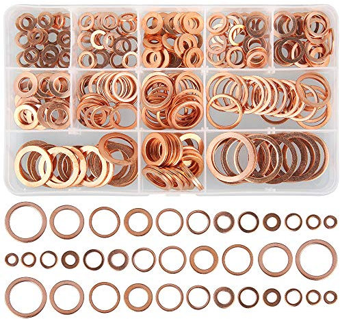 miuline Kupferdichtringe,Flache Unterlegscheiben Sortiment Kfz Kupferringe 300 STK Geeignet für Automobile, Schiffe, Generatoren, Maschinen und Geräte.