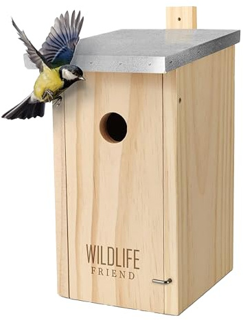 Wildlife Friend I Nichoir avec Toit en Métal pour Mésange Charbonnière I Mangeoire Oiseaux en Bois Naturel I Mangeoire Oiseaux Exterieur Résistante Aux Intempéries avec Trou D'entrée De 32mm.