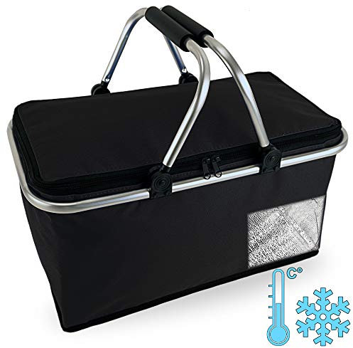 Cepewa Einkaufskorb faltbar mit Thermofunktion 30 L Kühltasche Thermokorb Picknickkorb Isoliertasche (schwarz mit Thermofunktion)