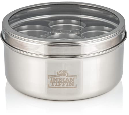 Indian-Tiffin Masala Dabba Récipient à épices hermétique - avec étiquettes et cuillère à épices (Moyen (18cm), couvercle transparent, pas de couvercle à l'intérieur des pots)