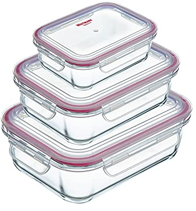 Westmark Glas-Frischhaltedosen-Set, 3tlg., Eckig, Füllvolumen: je 1x 370 ml, 1040 ml und 1520 ml, Glas/Silikon/Kunststoff, Transparent/Rot, 234422E6