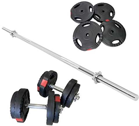 GORILLA SPORTS® hantelset - 60 kg, 100 kg eller 130 kg, skivstång 170 cm, 2 hantlar, 30 mm viktskivor av plast, med stjärnlås - skivstång, hantelset, vikter, fitness