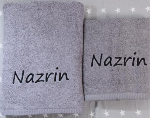 Generisch Handtuch Set 2-teilig Grau – personalisiert mit Namen – Duschtuch 70x140 & Handtuch 50x100 – 100% Baumwolle, 500 g/m² – Geschenkidee – Oeko-TEX – hochwertig & Bestickt