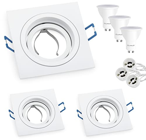 Lumiled 3x Einbaustrahler LED flach Spots GU10 inkl. 6W ersetzt 60W Halogen LED Leuchtmittel Neutralweiß 4000K 580lm Einbauleuchten 230V Einbaurahmen weiß eckig Einbauspots schwenkbar Downlight