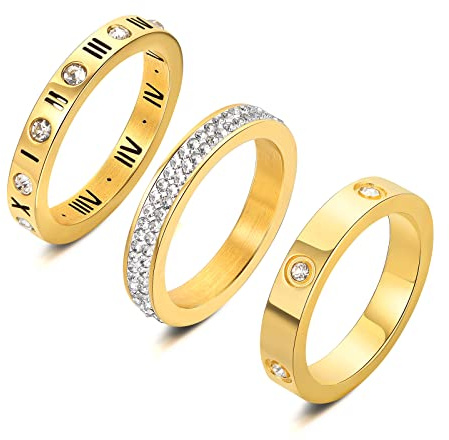 YIKOXI 3pcs Love Friendship Lucky Ring Cubic Zirconia Gold Ring Sets for Women Stainless Steel Wedding Statement Thumb Ring Bands (Gold, 8)