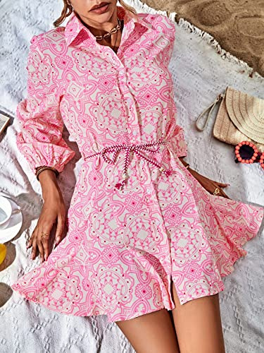 Women's 2023 Summer Short Dress Print Belted Shirt Dress Long Sleeve Casual