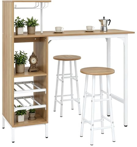 LIFEZEAL Set Tavolo e 2 Sgabelli da Bar,Bancone e 2 Sedie da Pranzo,Porta Bottiglie da Vino,Porta Calici,4 Ripiani,Salvaspazio,Cucina,Soggiorno,Ristorante,Legno e Metallo (naturale),120x40x121,5 cm