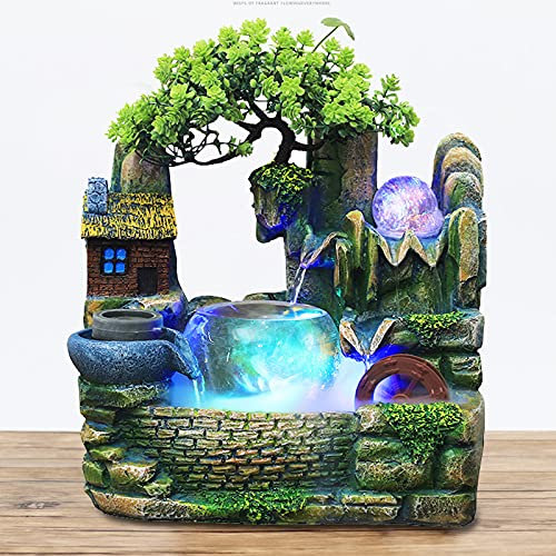 Zimmerbrunnen Led Beleuchtung Tischbrunnen Wasserfall Mit ZerstäUber Fish Bowl Feng Shui Rad Desktop-Brunnen Ornament FüR Office Study Und Bedroom