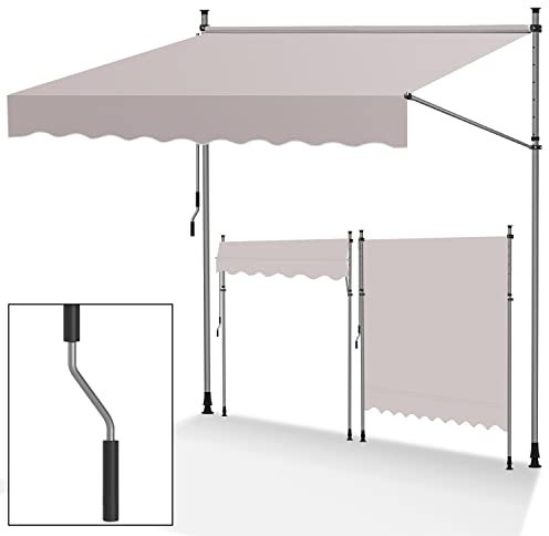 Tubiaz Tenda da sole per balcone senza foratura, larghezza 350 cm, con manovella, regolabile in altezza, resistente ai raggi UV e impermeabile, per terrazze, balcone, beige e bianco