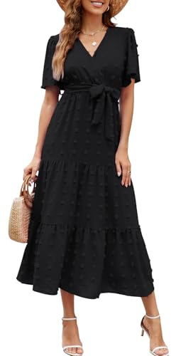 Wantonfy Sommerkleid Damen Freizeitkleider Elegant V Ausschnitt Strandkleid Midikleid Kurzarm A Linie Cocktailkleid