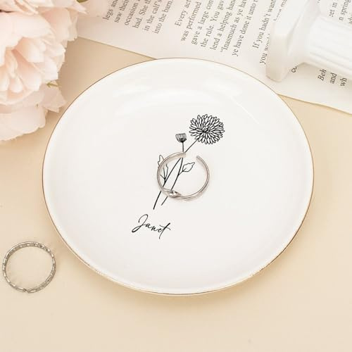 UanMere Ceramic Jewelry Tray, Ceramic Jewelry Tray for Necklace Watch Birth Flower Personalized White Round Bracelets Dish Valentine's Retirement Gifts for Women Sister, 4,