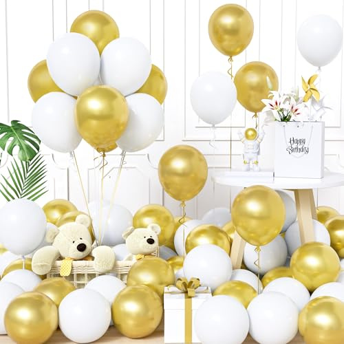 Unisun Luftballons Weiß und Gold, 60Stück 12Zoll Ballons Matt Weiß Gold Latex Luftballon Mädchen Frauen Babyparty Geburtstag Hochzeit Jubiläum Abschlussfeier Verlobung Bachelor Brautparty Dekoration