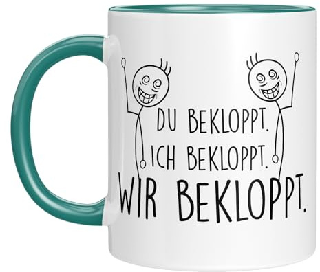 Tasse mit Spruch - Du bekloppt - Ich bekloppt - Wir Freunde - Kaffeebecher mit Motiv - Geburtstagsgeschenk - beste Freunde - farbig - lustige Geschenkidee - Mann/Frau