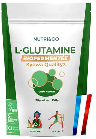 NUTRI & CO L-Glutamine en poudre Bio-fermentée Qualité Kyowa® - Végétale & 100% pure, 5000mg - Acide Aminé Musculation & Récupération - 150g Goût Neutre - Vegan - Fabriqué en France